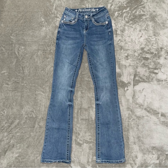 Answer Me Embellished Bootcut Jeans Size 1 Rhinestone Pocket Blue Denim (25) - Picture 3 of 8